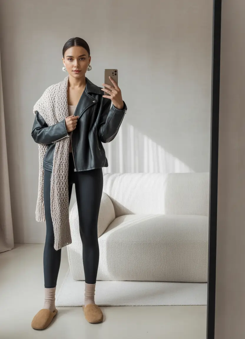 winter outfits aesthetic Leather and Knit Contrast