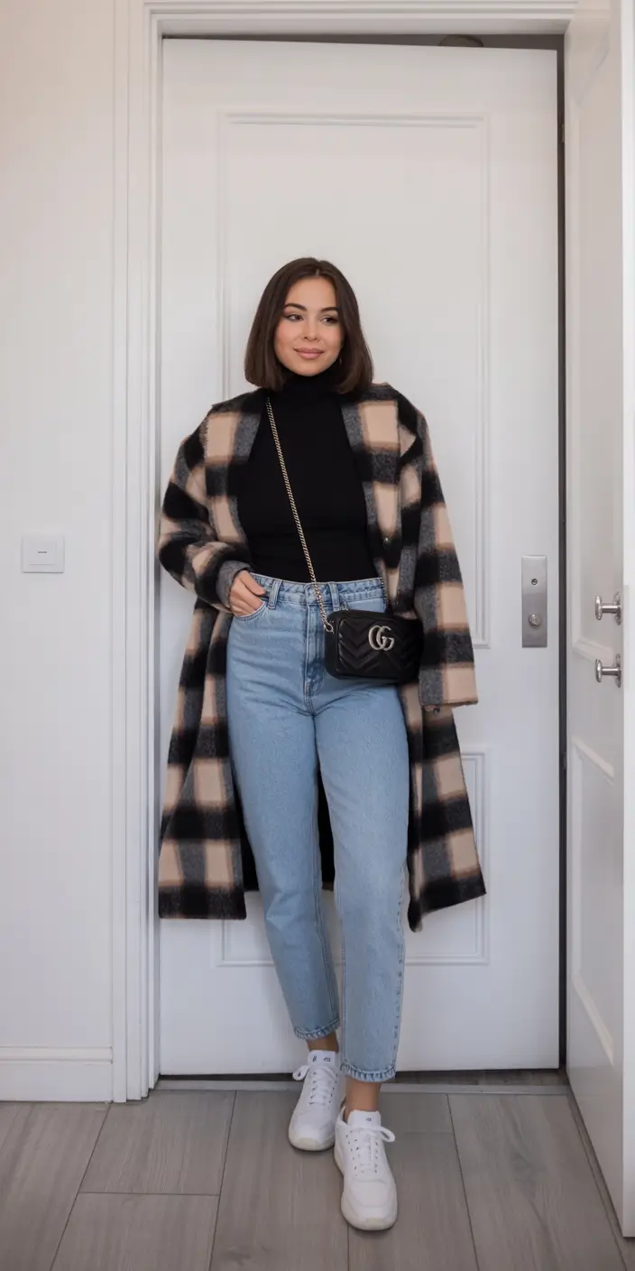 winter outfits aesthetic Checkered Coat with Modern Basics