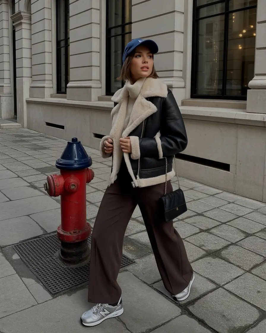 winter outfits aesthetic Shearling and Wide-Leg Ease