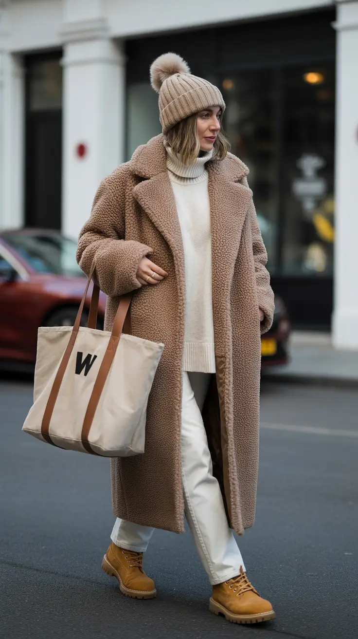 winter outfits aesthetic Teddy Coat and Timberlands