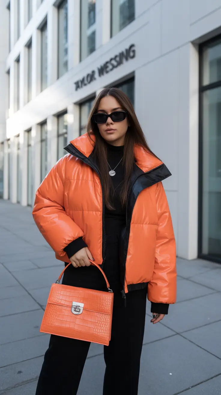 Winter Outfits Cold Weather Orange Puff Statement