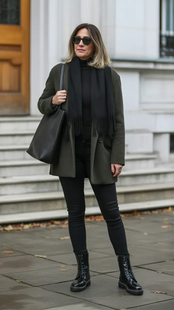 winter outfits over 40 Urban Minimalism in Black and Olive