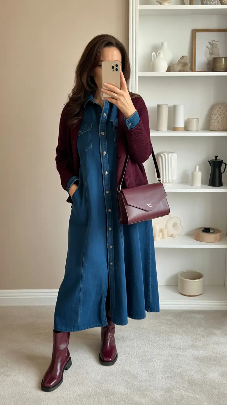 winter outfits over 40 Denim Dress with Burgundy Accents