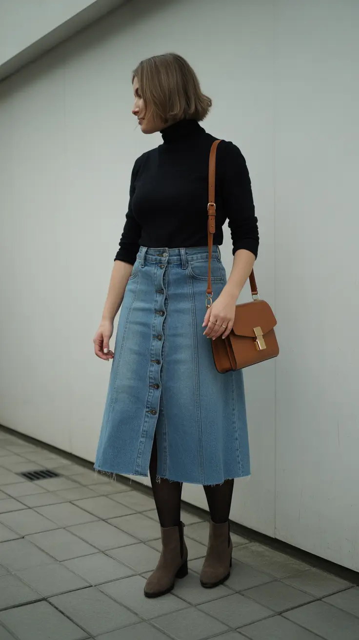 winter outfits over 40 Denim Skirt with a Modern Twist