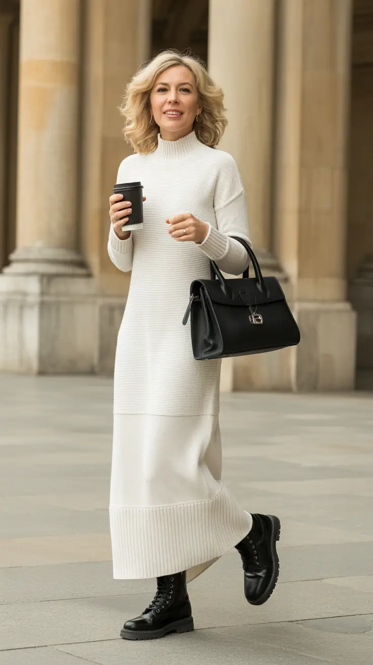 winter outfits over 40 Cozy White Sweater Dress