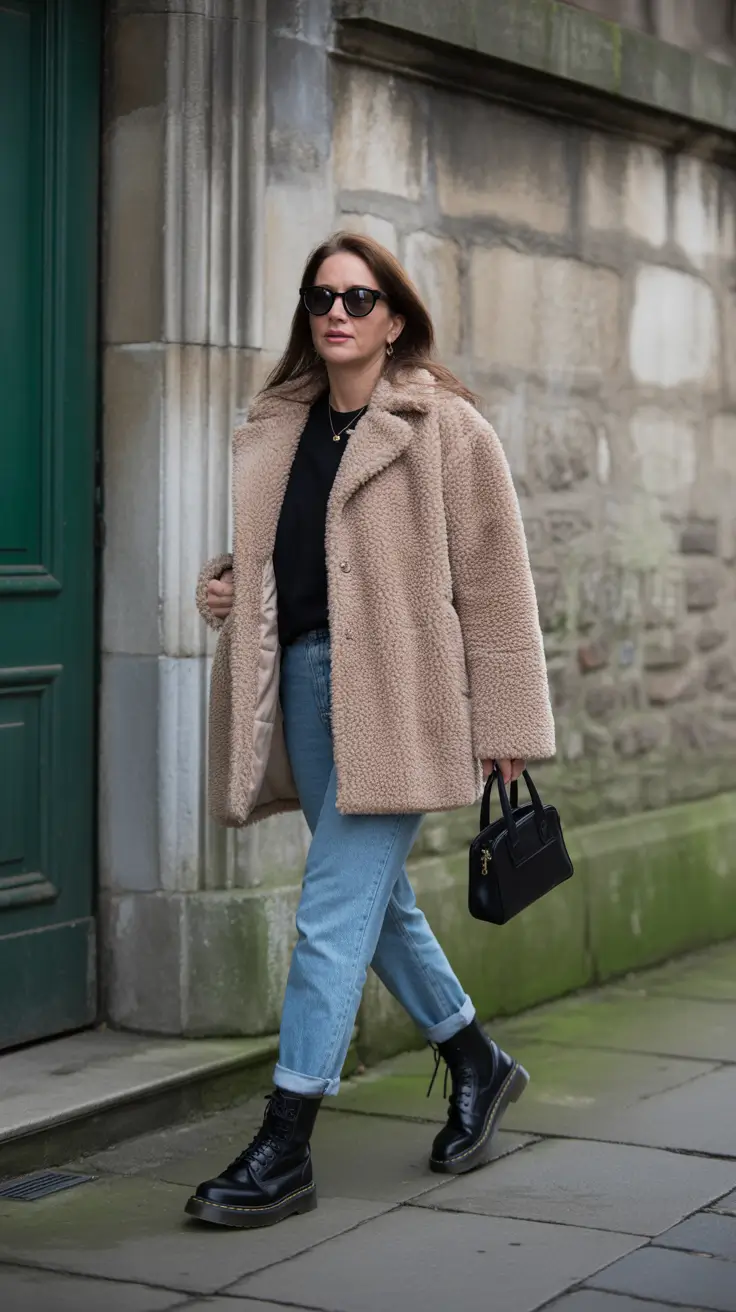 winter outfits over 40 Teddy Coat and Relaxed Denim