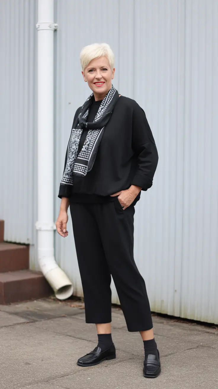 winter outfits for women over 60 Minimal Black with a Graphic Touch