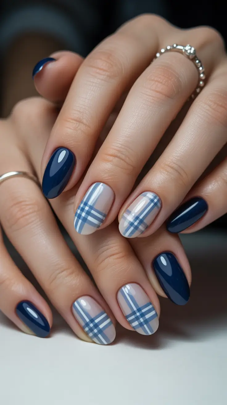 winter almond nails ideas 2025 Classic Plaid in Navy and White