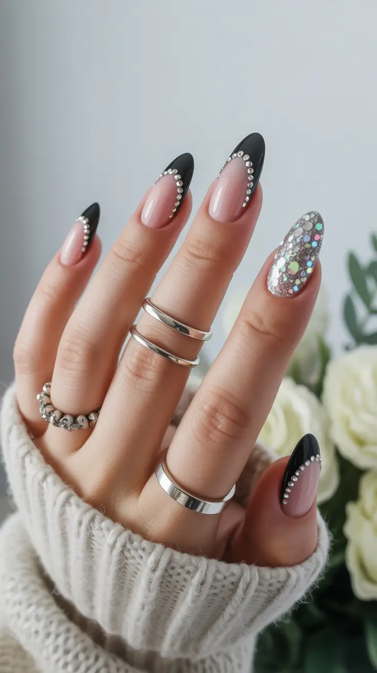 winter almond nails ideas simple Black Velvet Glam with Rhinestone Lines