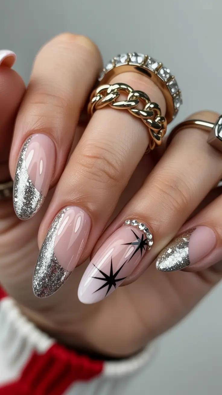 winter almond nails ideas 2025 Silver Starlight French