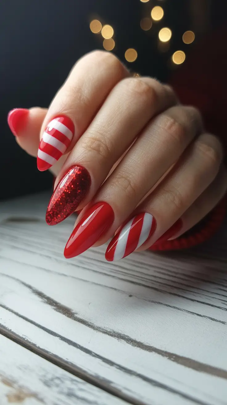 winter almond nails christmas Red Candy Stripe Glam