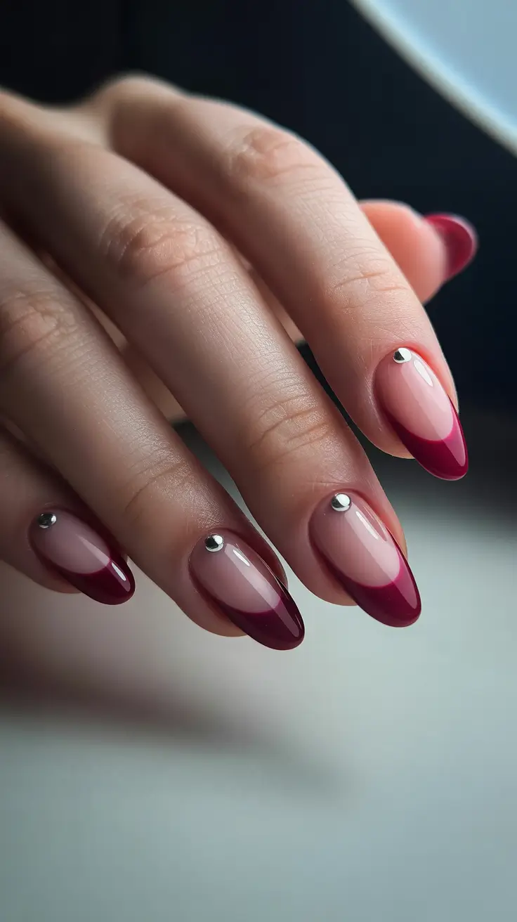 winter almond nails simple Minimal French with Metallic Studs