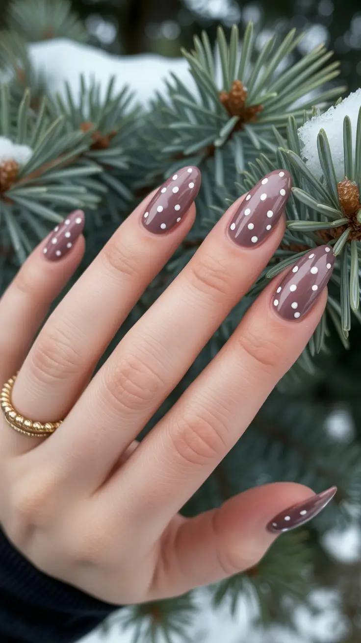 winter almond nails ideas white Soft Taupe with Winter Polka Dots