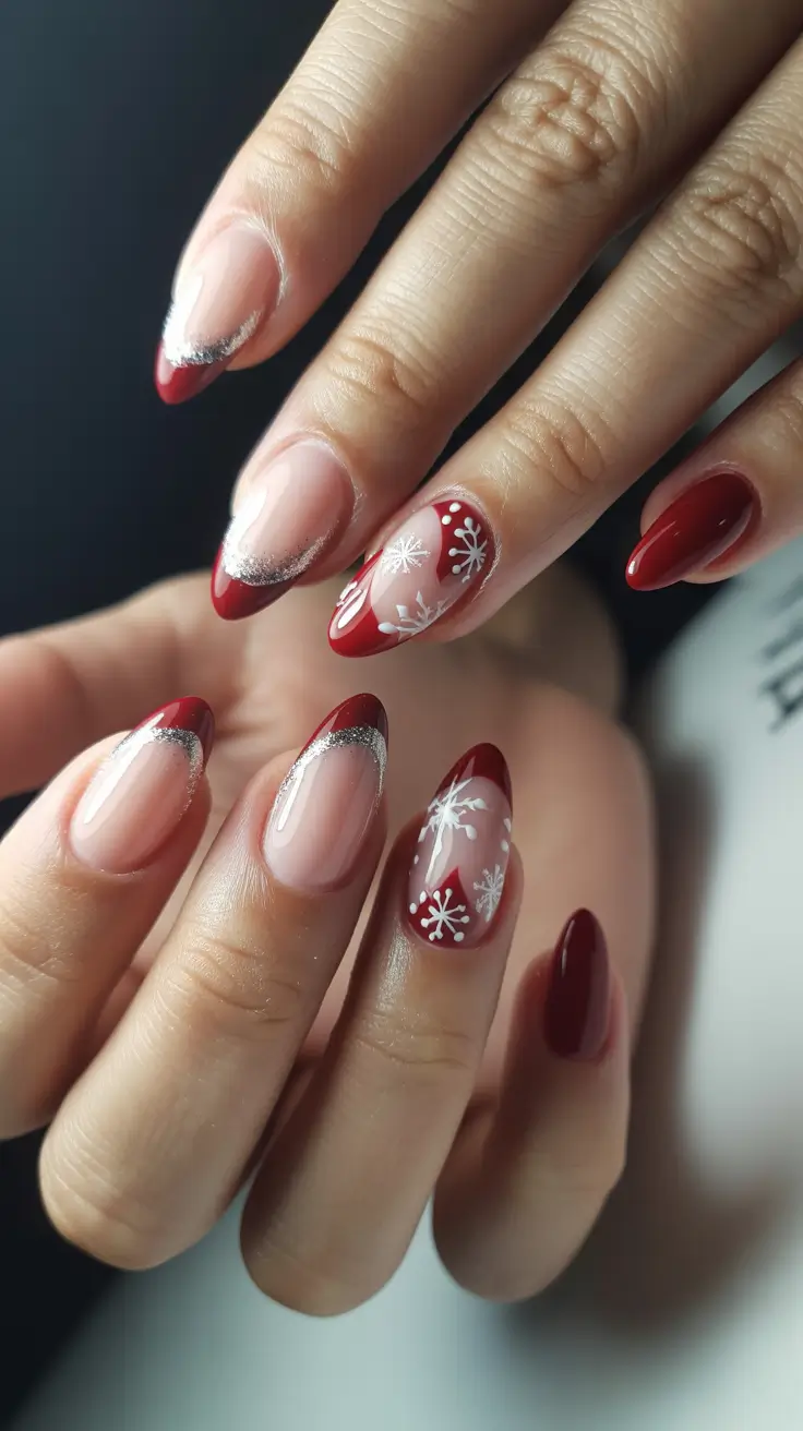 winter almond nails red Frosted Ruby French with Snowflake Accents