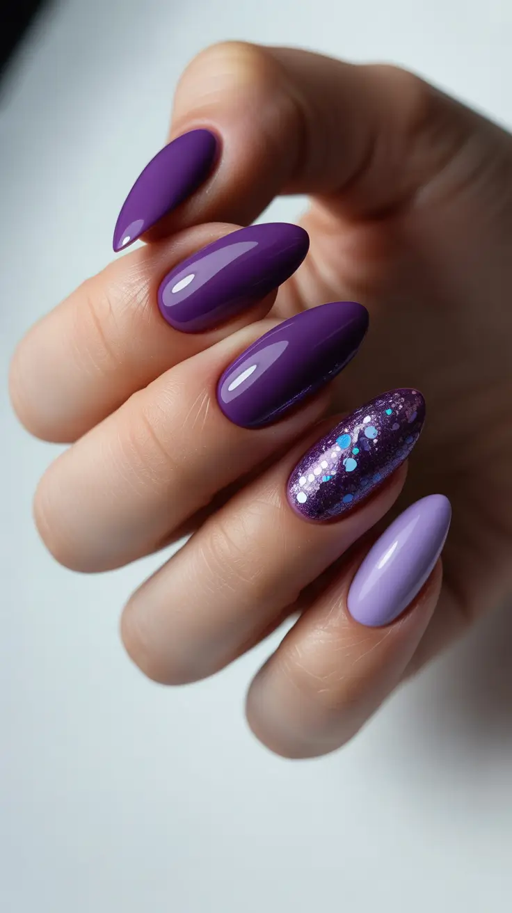 dark winter nails with design Lavender Twilight with a Hint of Stardust