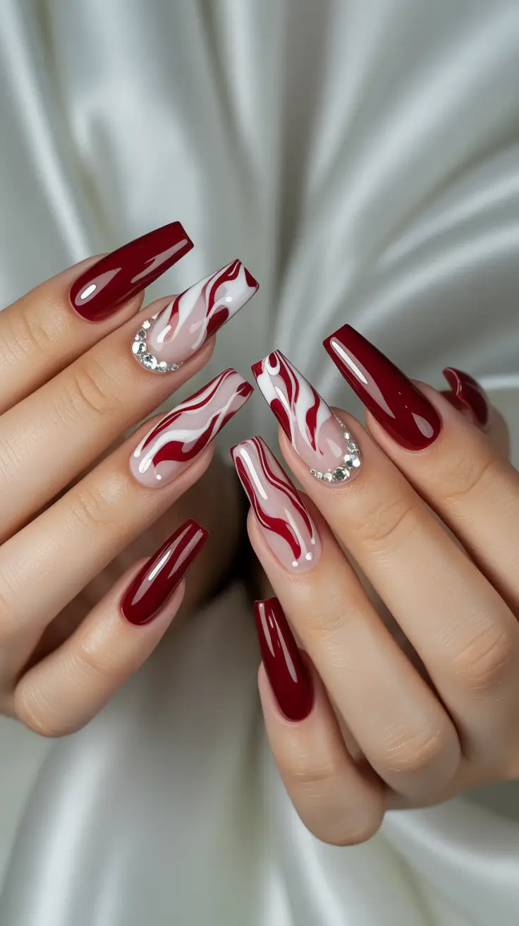 dark winter nails coffin Garnet Waves and Crystal Dreams