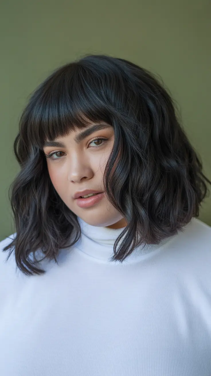 winter haircuts for plus size women Soft Textured Bob with Baby Bangs
