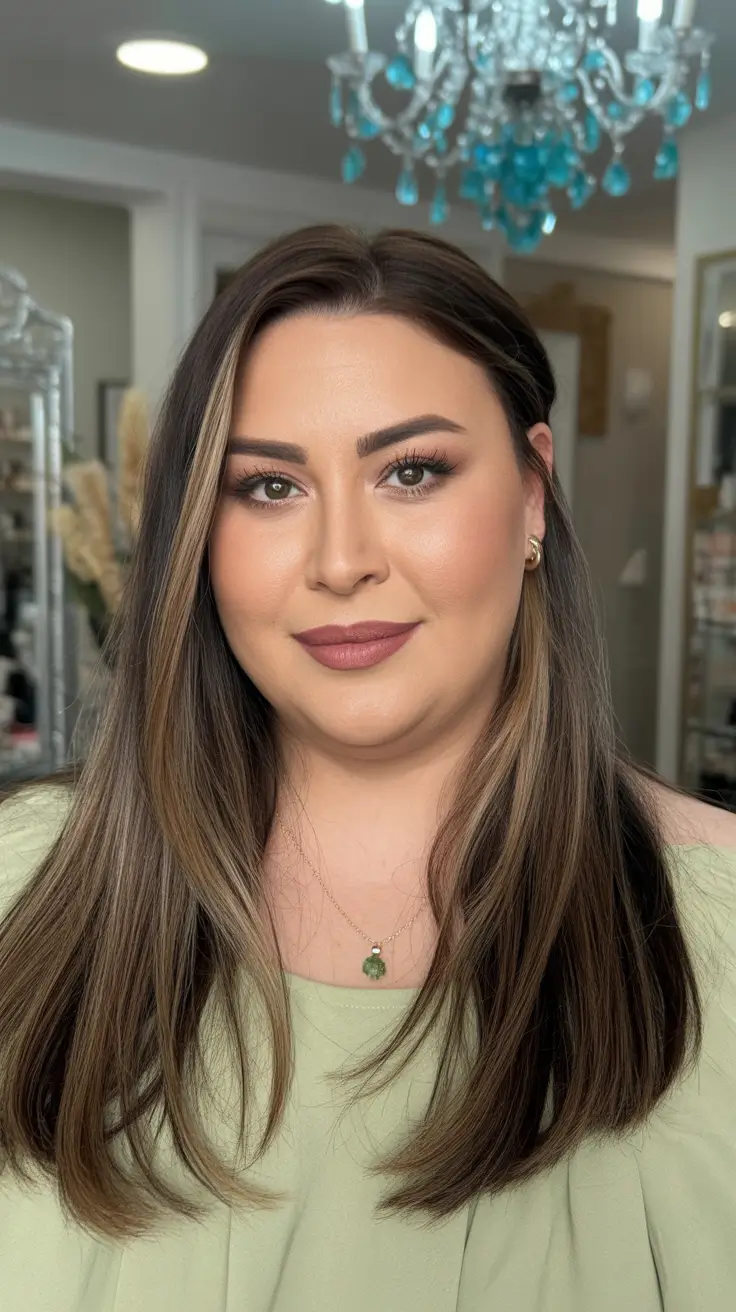 winter haircuts for plus size women Long Sleek Layers with Face-Framing Highlights