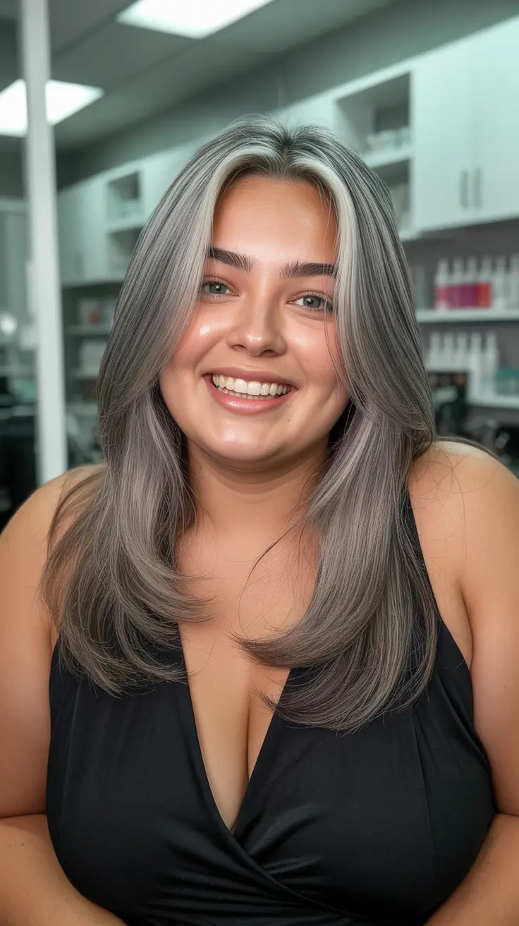 winter haircuts for plus size women Silver Layered Lob with Curtain Bangs