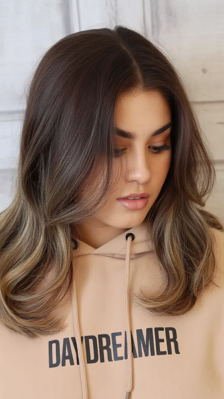 winter haircuts for plus size women Warm Brunette Layers with Subtle Balayage