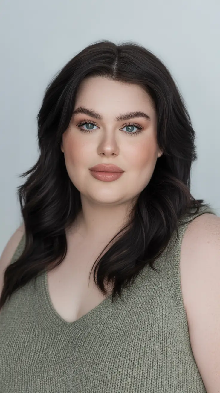 winter haircuts for plus size women Glossy Dark Waves with Center Part