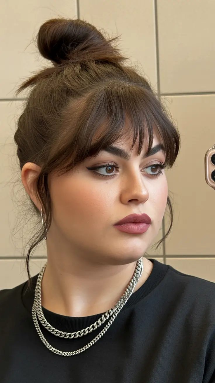 winter haircuts for plus size women Messy Bun with Wispy Bangs