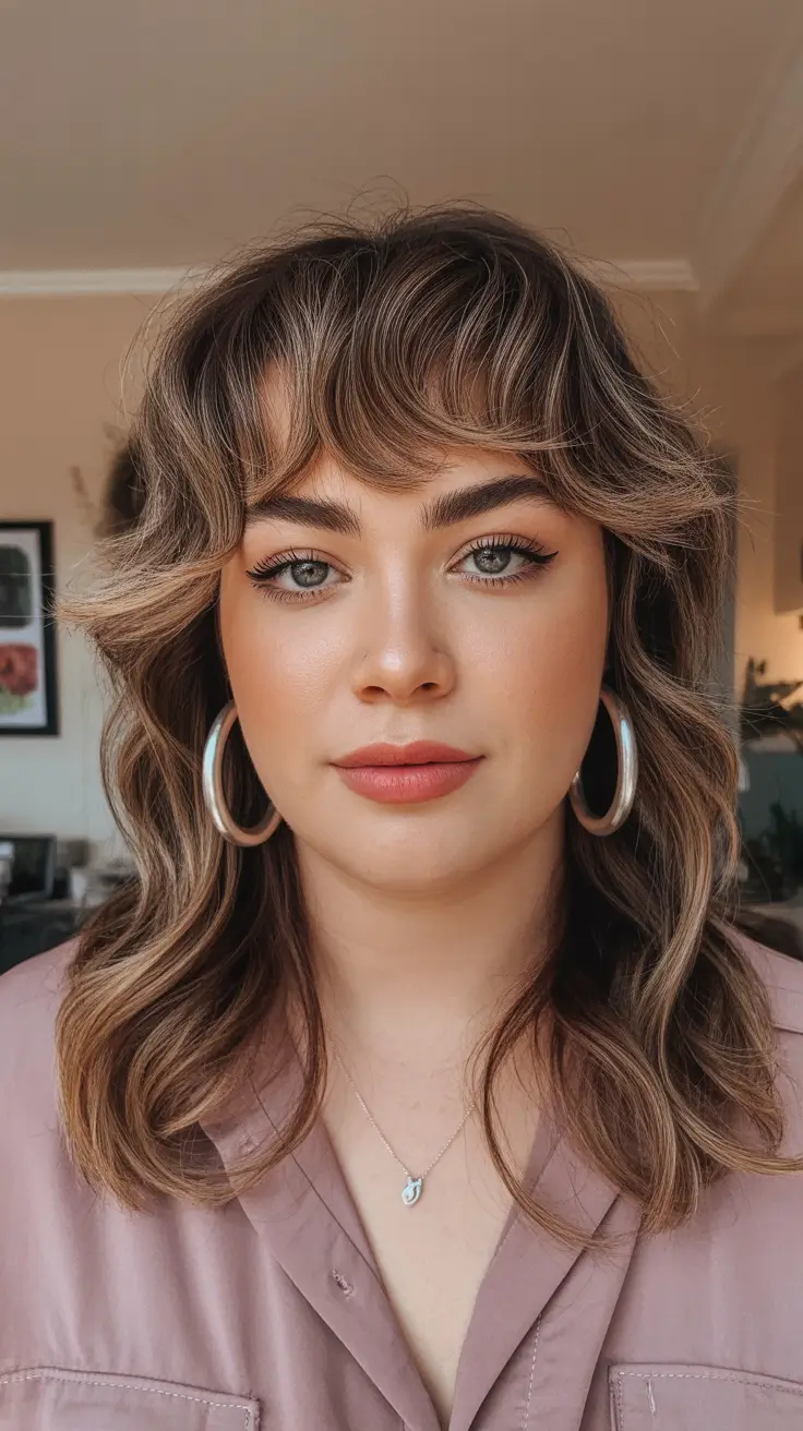 winter haircuts for plus size women Layered Shag with Curtain Bangs