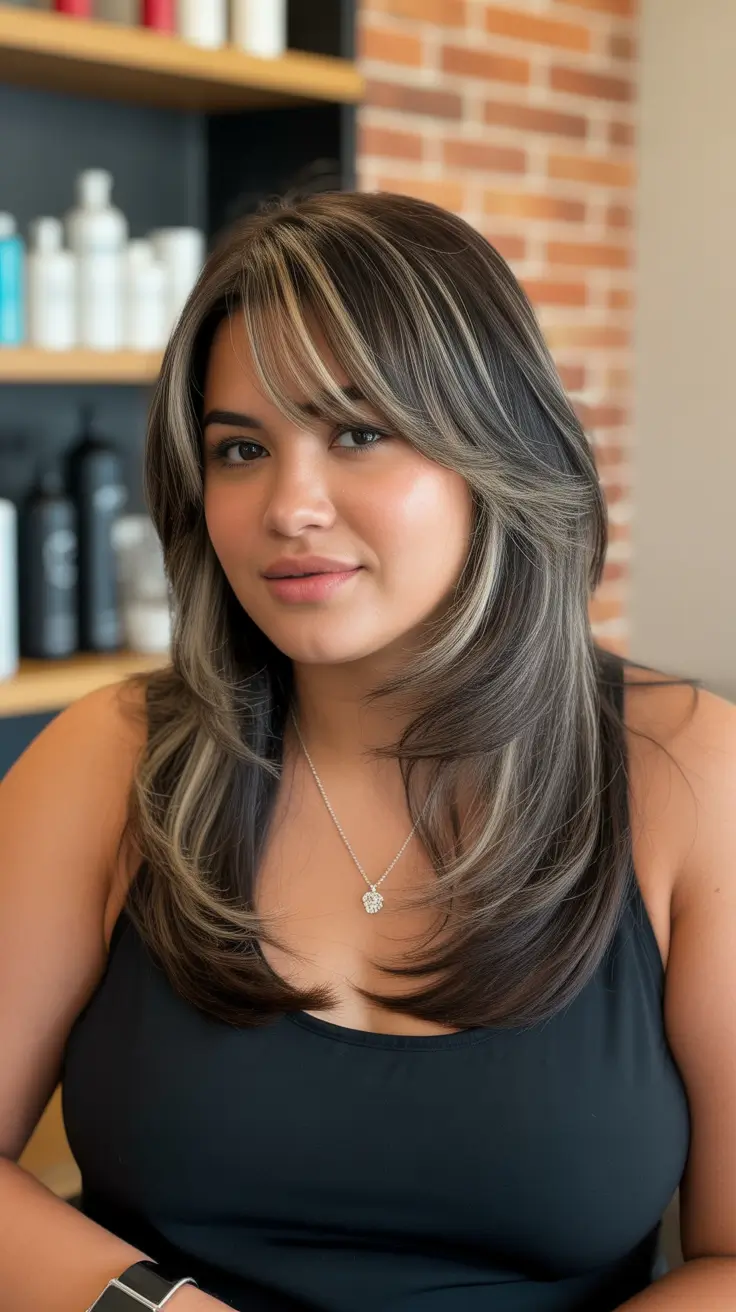 winter haircuts for plus size women Layered Long Bob with Highlights