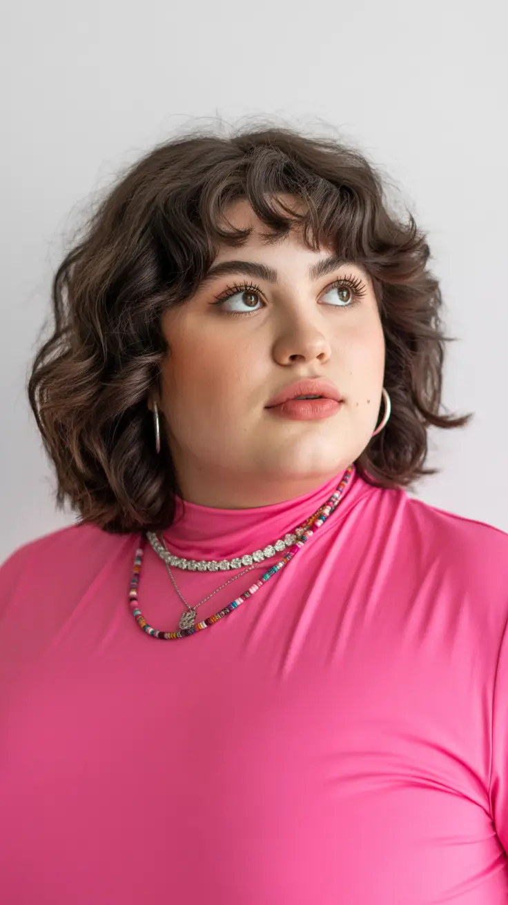 winter haircuts for plus size women Curly Shag with Baby Bangs