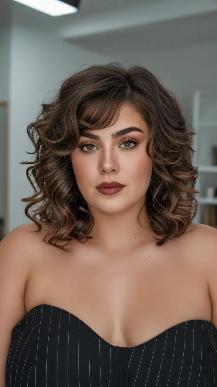 winter haircuts for plus size women Voluminous Curly Lob with Side Bangs