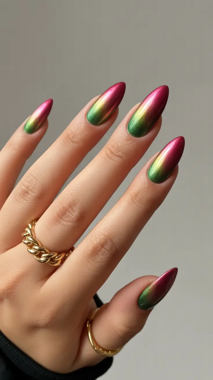 christmas nail designs 2025 Golden Sunset Chrome