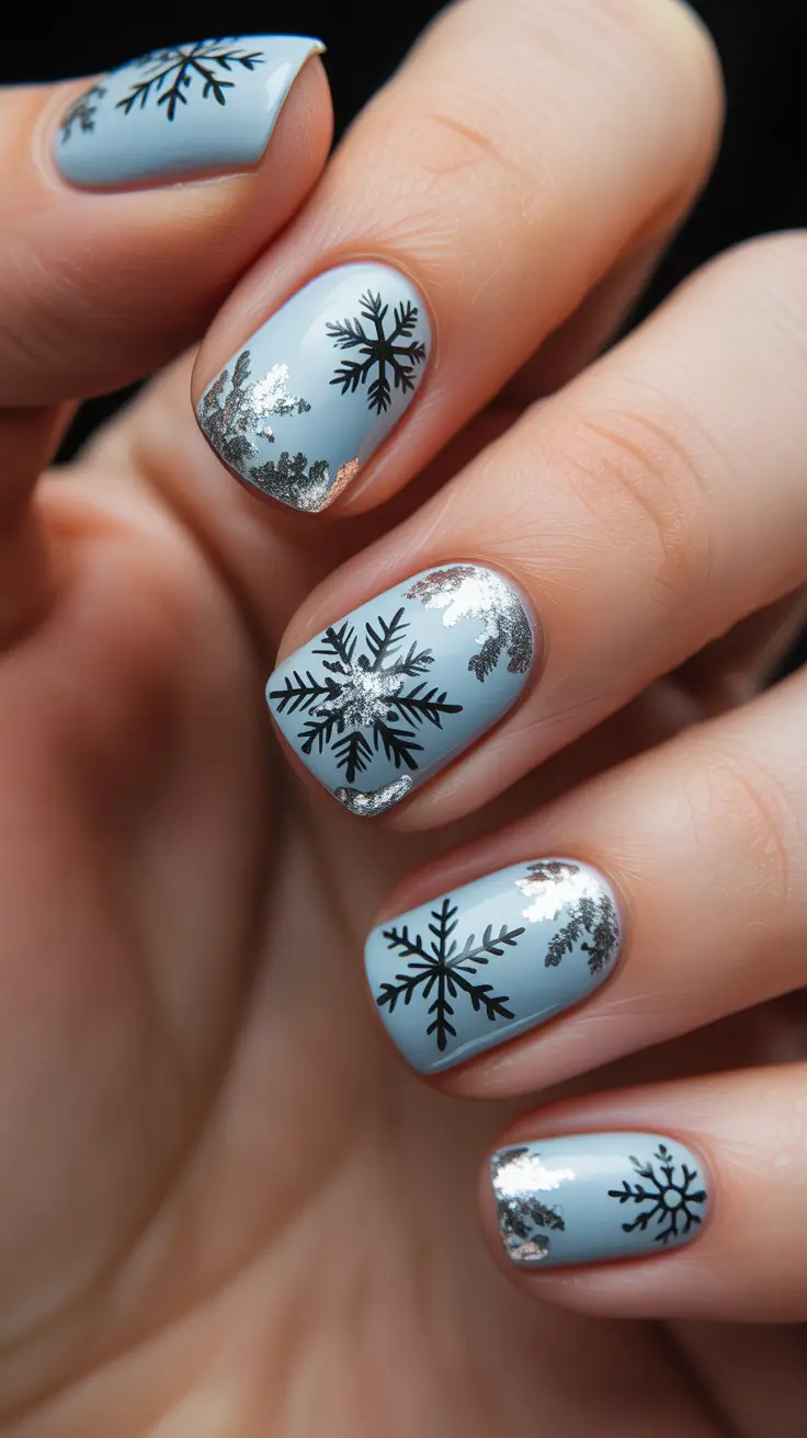 classy winter nails blue Frosted Blue Snowflakes