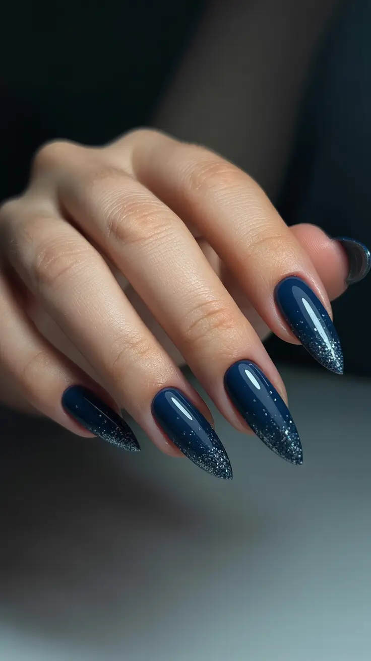 classy winter nails chrome Midnight Blue Glitter Fade