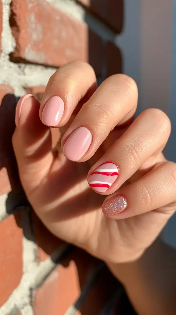 classy winter nails red Candy Cane Accent on Blush Pink