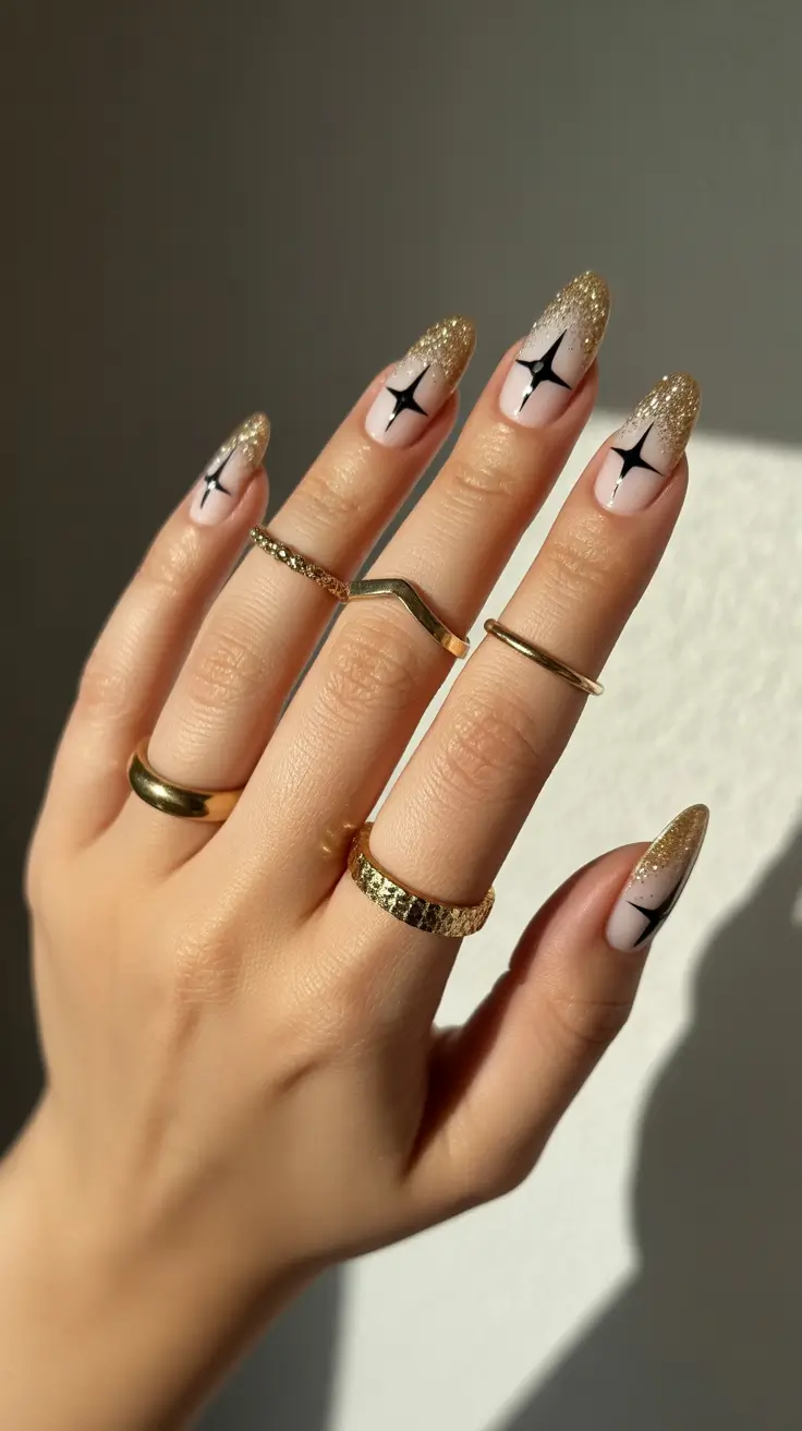 classy winter nails 2025 Golden Starlight Tips