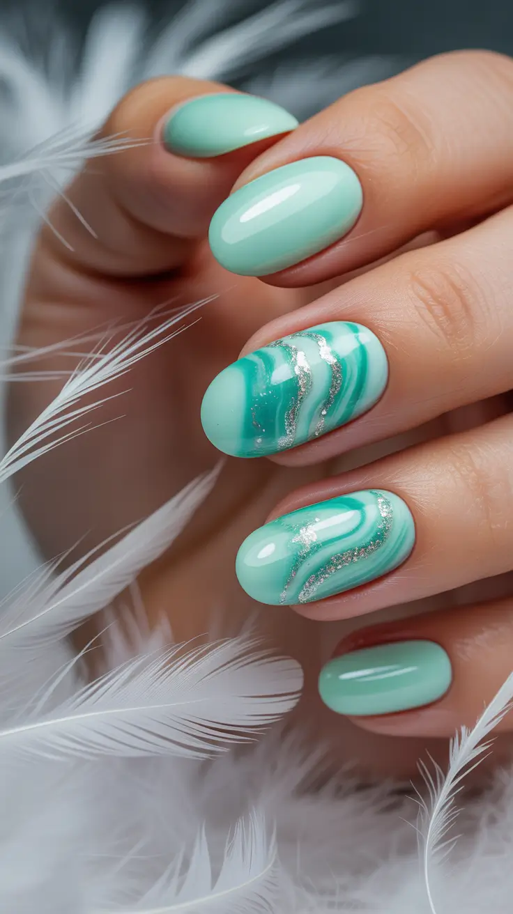 classy winter nails blue Mint Marble with Silver Waves