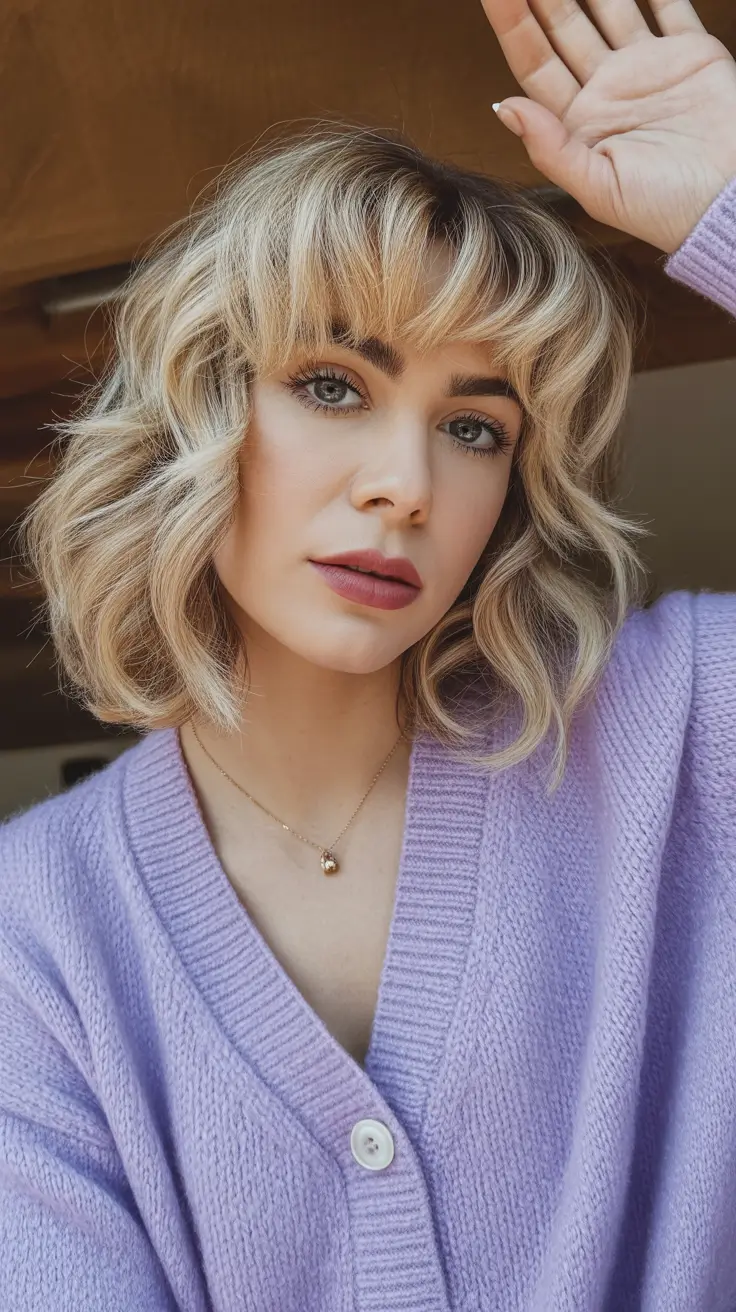 cute winter haircuts for women Layered Blonde Waves with Bangs