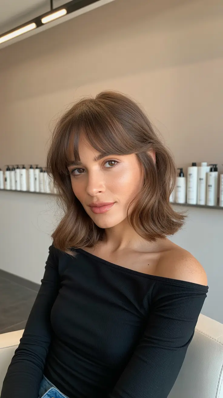 cute winter haircuts for women Textured Brunette Bob with French Bangs