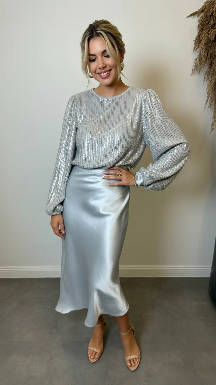 Fashion Christmas Party Outfit 2025 Silver Satin Serenity