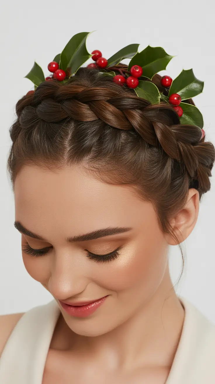 Festive Christmas Hairstyles 2025 Festive Crown Braid with Holly Berries