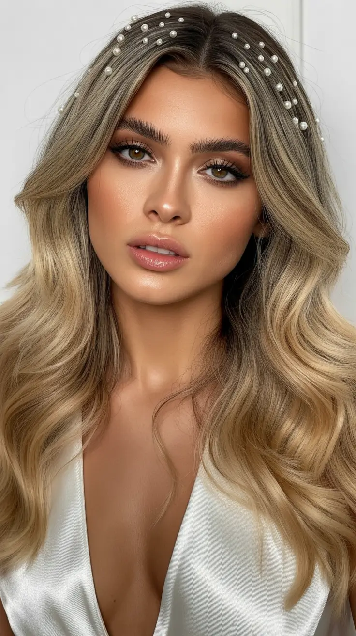 Festive Christmas Hairstyles 2025 Pearl-Lined Half-Up Waves