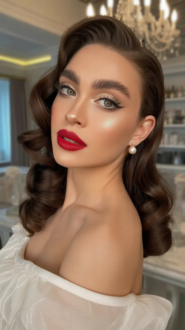 Festive Christmas Hairstyles 2025 Retro Glam Waves with Red Lips