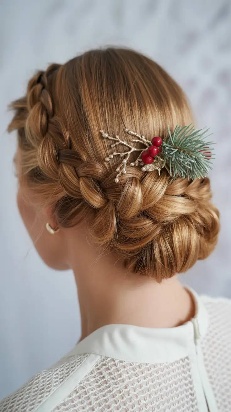 Festive Christmas Hairstyles 2025 Golden Braided Bun with Evergreen Accent