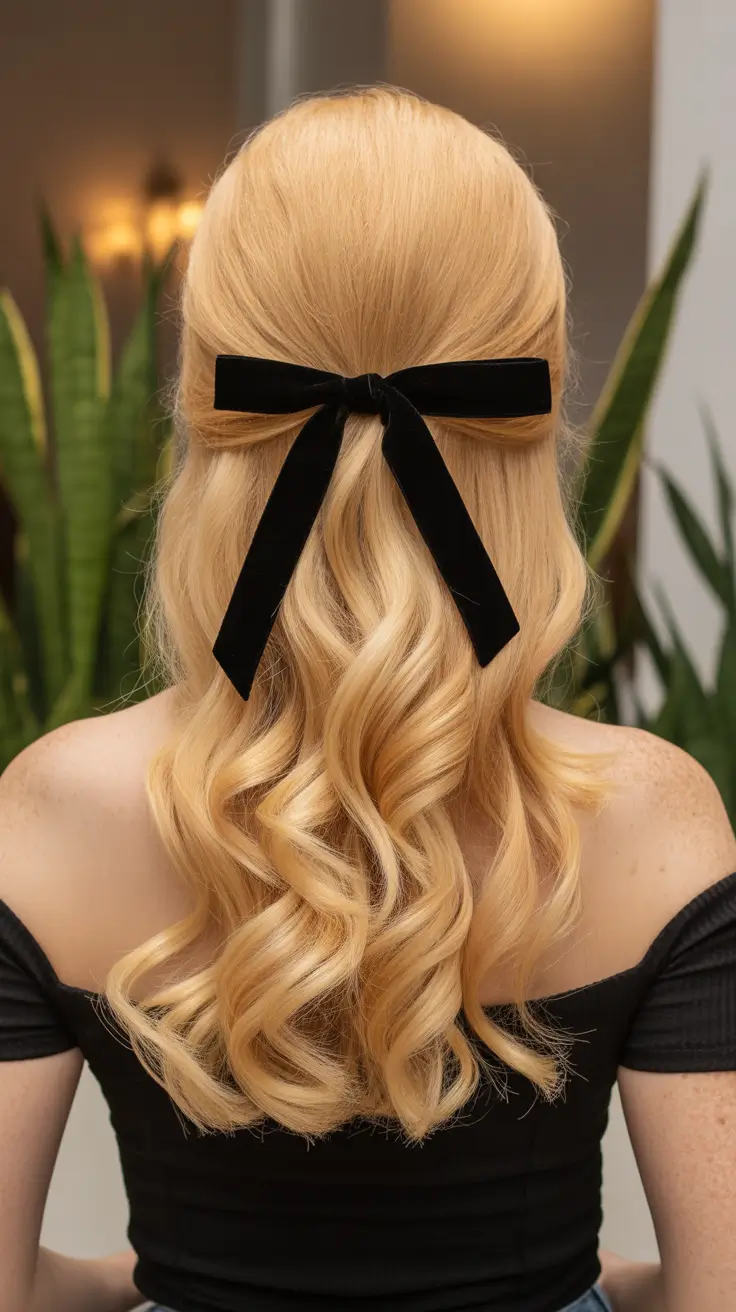 Festive Christmas Hairstyles 2025 Velvet Bow Half-Up Curls