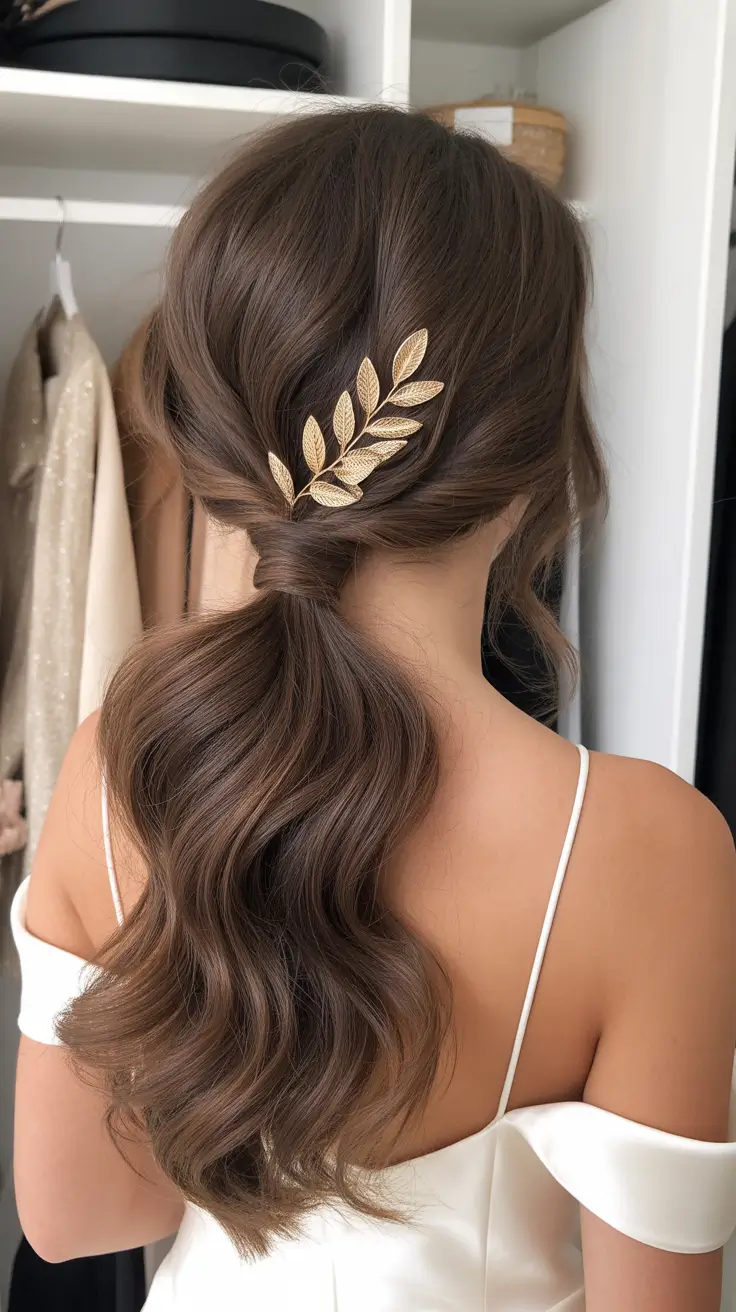 Festive Christmas Hairstyles 2025 Classic Wavy Ponytail with Gold Leaf Clip