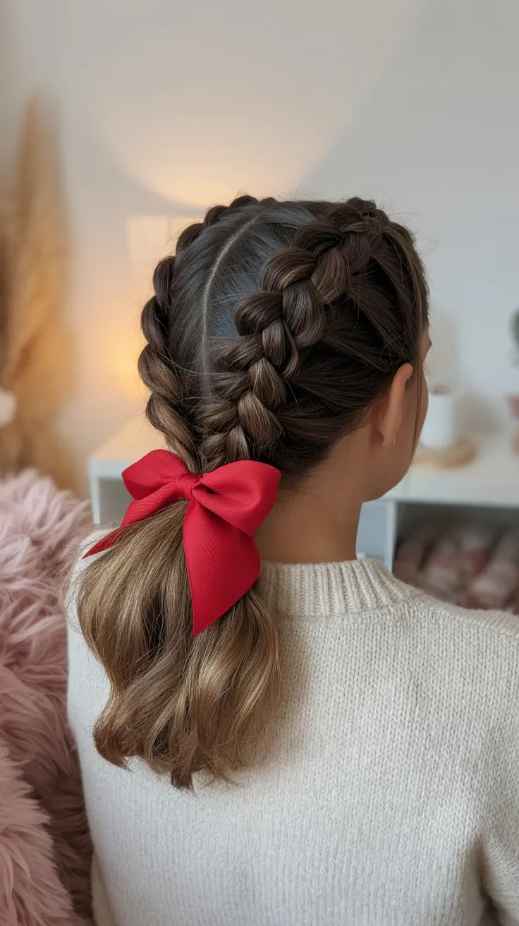 Festive Christmas Hairstyles 2025 Double Dutch Braids with a Red Bow