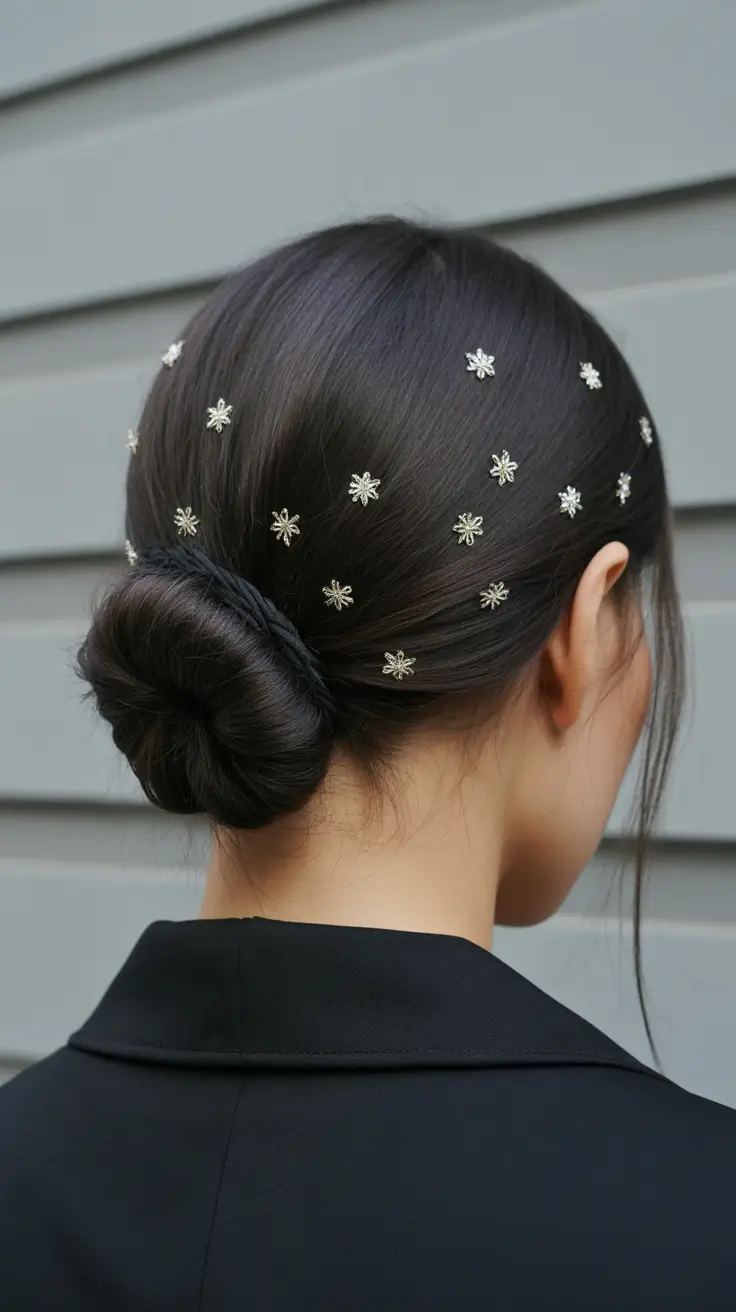 Festive Christmas Hairstyles 2025 Snowflake Bun with Subtle Sparkle