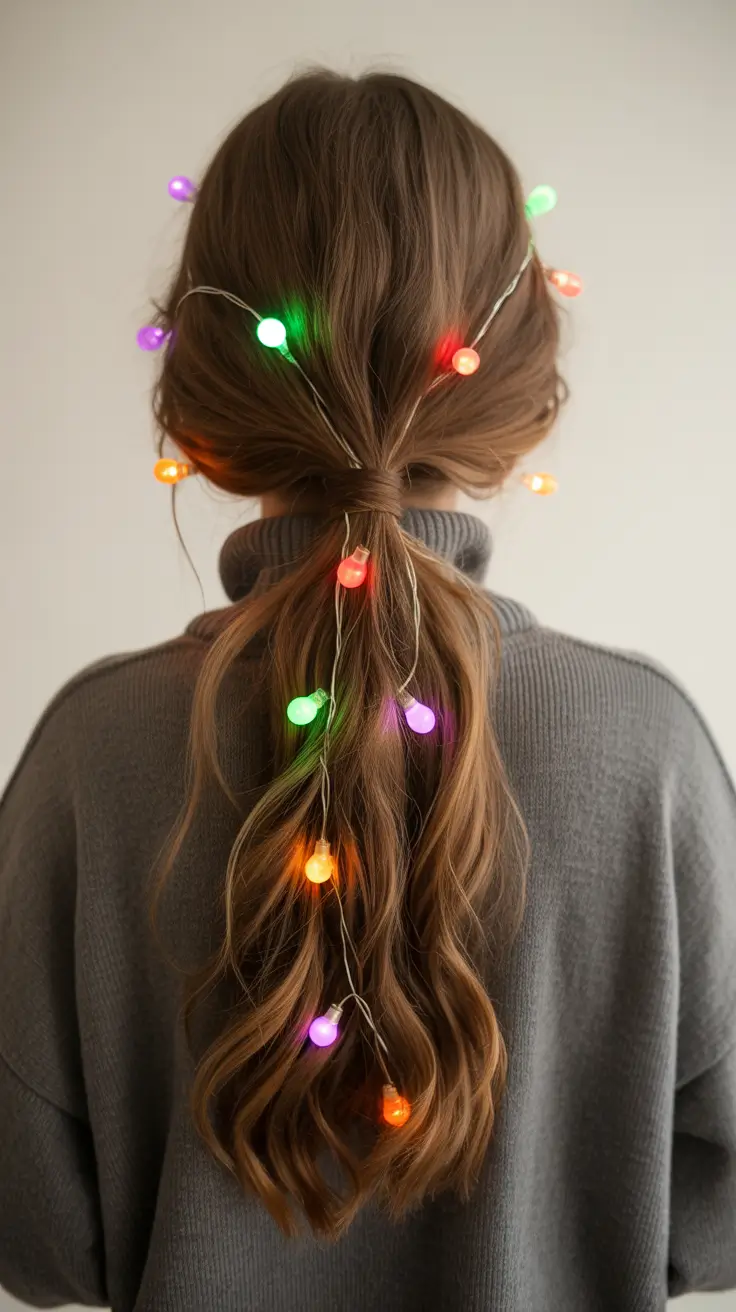 Festive Christmas Hairstyles 2025 Playful Light-Strung Ponytail