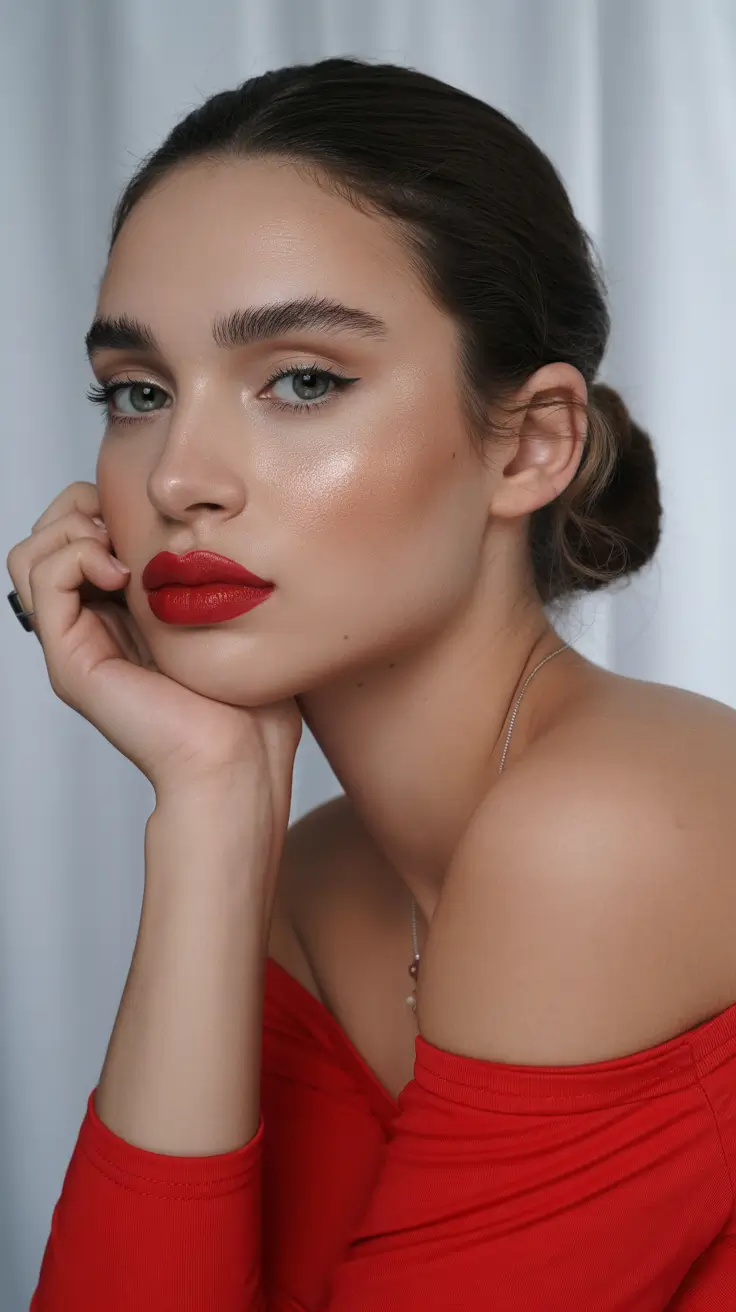 Festive Christmas Hairstyles 2025 Classic Sleek Bun with Red Lips