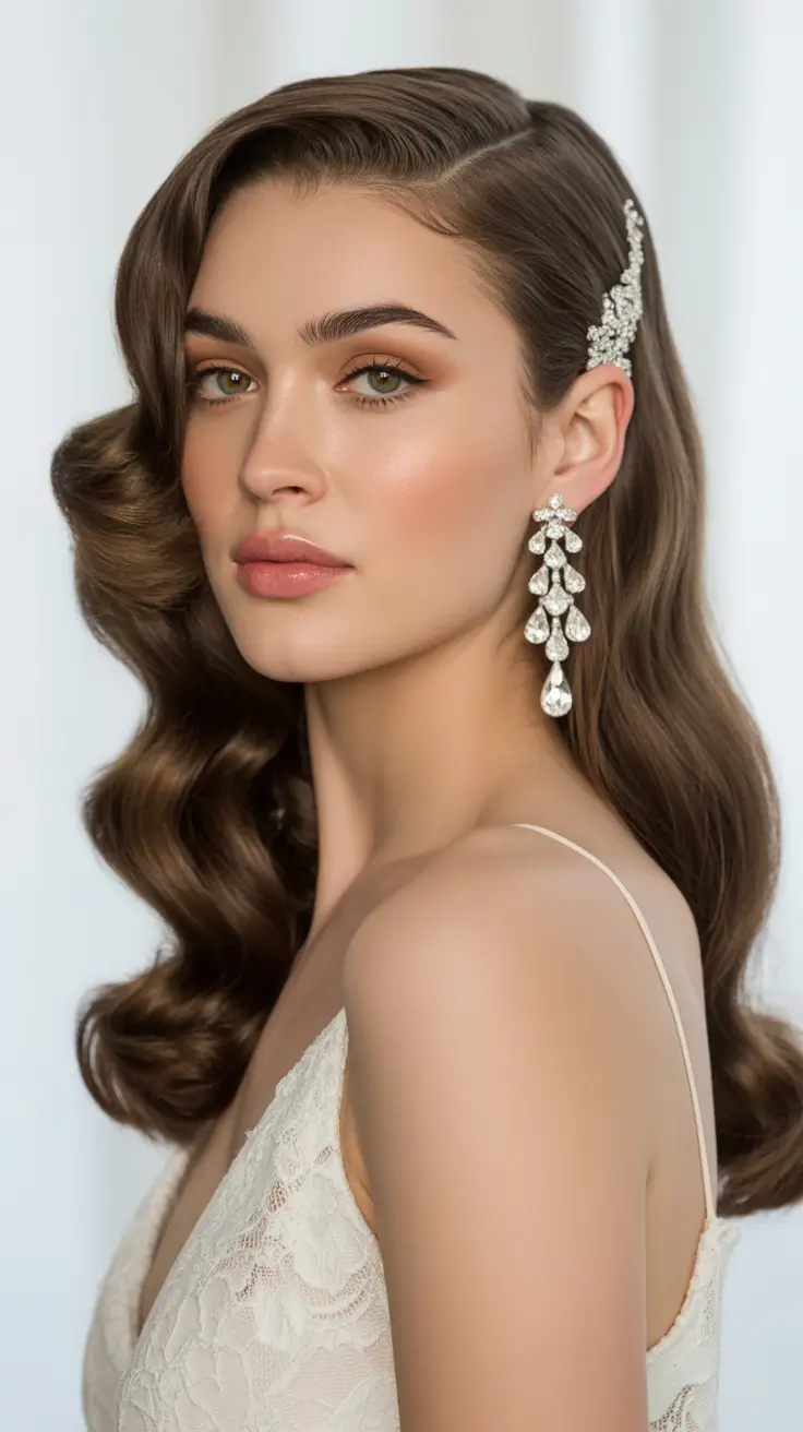 Festive Christmas Hairstyles 2025 Old-Hollywood Waves with Diamond Clip